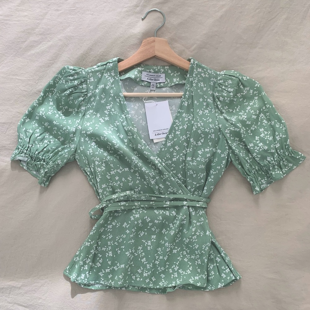 & other stories sage green cropped wrap top